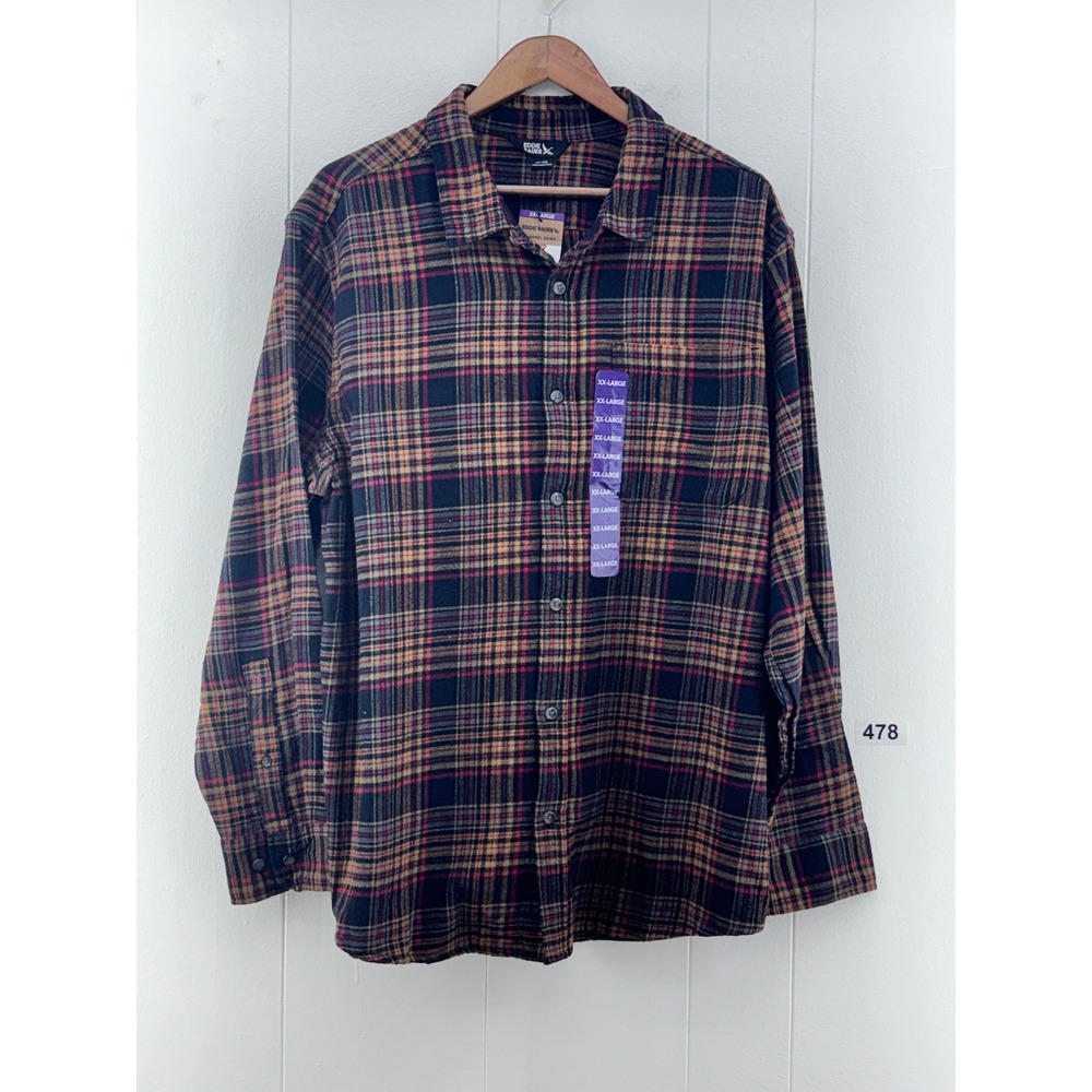 Eddie Bauer Mens XXL Flannel Shirt Navy Red Plaid Cotton Button Down EB004777